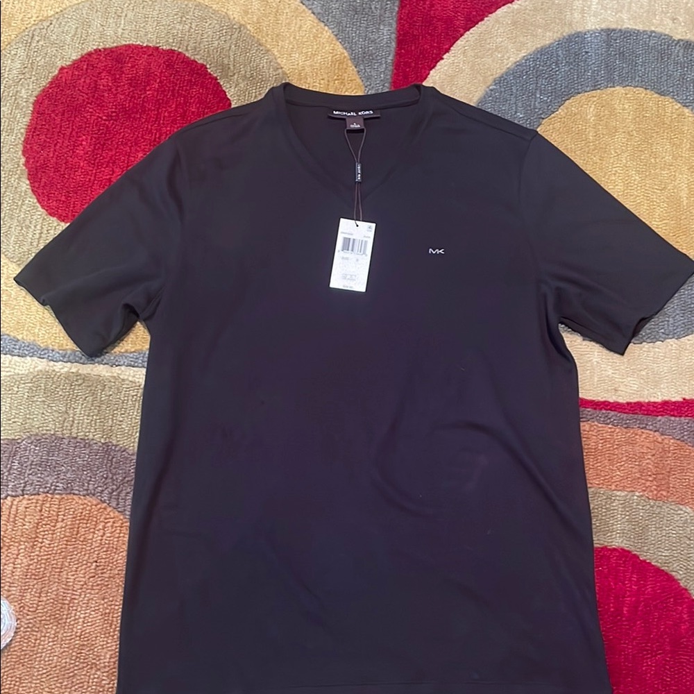 NWT Michael Kors Black Vee-Neck Short Sleeve Tee, Sz S